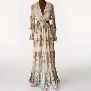 Rosevelvet Dress Lace Floral Ruffle Maxi Cottagecore Romantic Size S Pink Cream